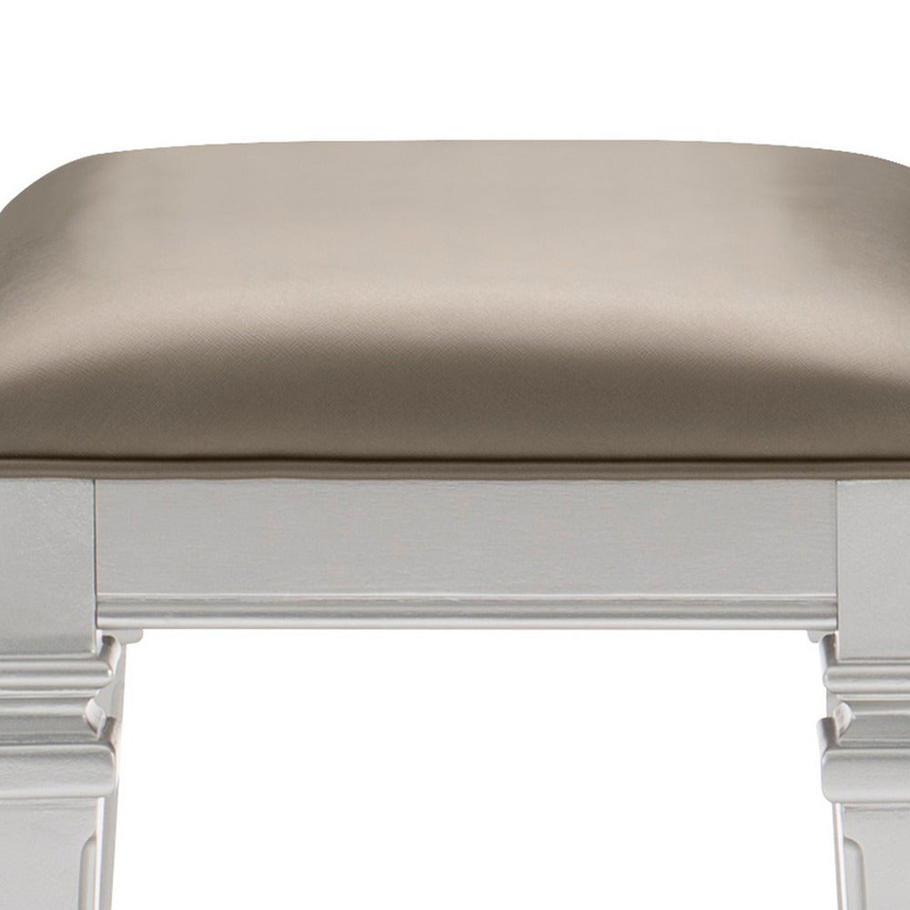 Leatherette Padded Vanity Stool with Tapered Legs and Molded Detail, Silver - BM222649