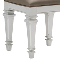 Leatherette Padded Vanity Stool with Tapered Legs and Molded Detail, Silver - BM222649