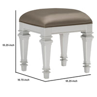 Leatherette Padded Vanity Stool with Tapered Legs and Molded Detail, Silver - BM222649