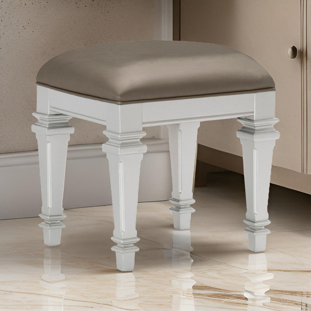 Leatherette Padded Vanity Stool with Tapered Legs and Molded Detail, Silver - BM222649