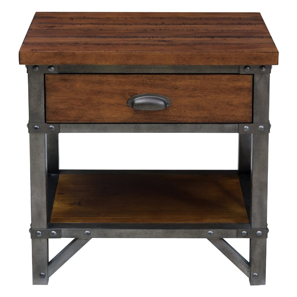 Wooden Nightstand with Metal Block Legs and Open Shelf, Brown - BM222710