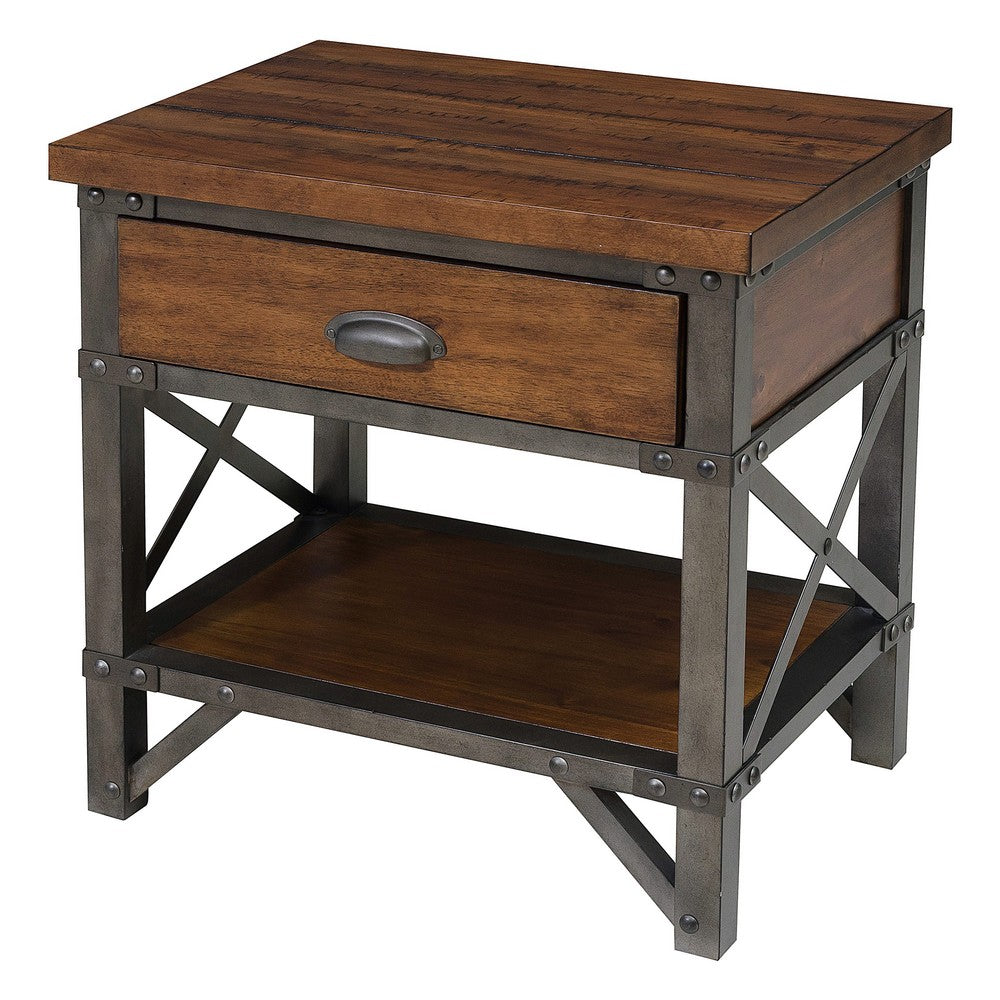 Wooden Nightstand with Metal Block Legs and Open Shelf, Brown - BM222710