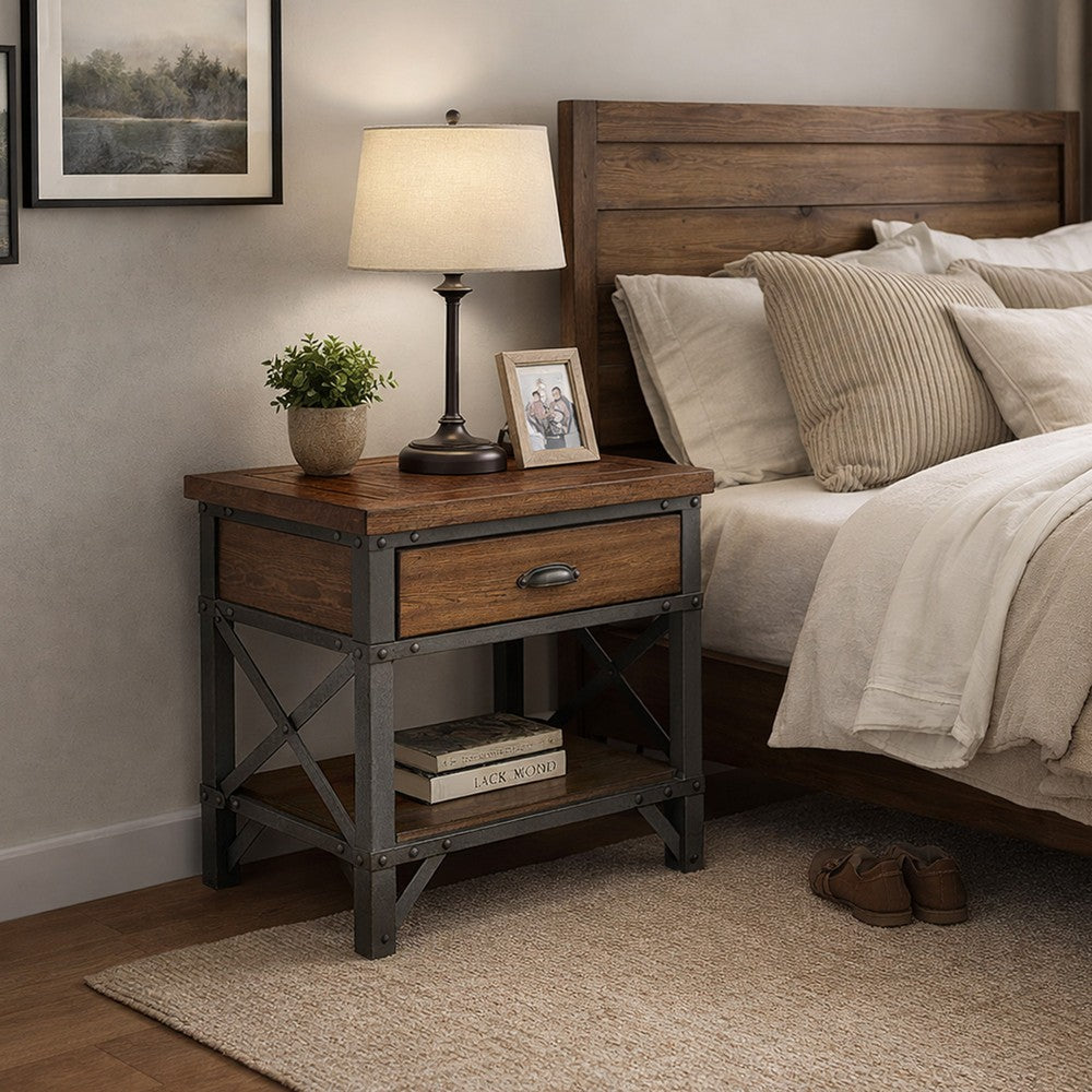 Wooden Nightstand with Metal Block Legs and Open Shelf, Brown - BM222710