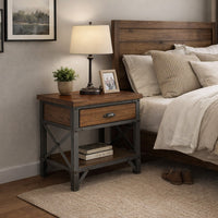 Wooden Nightstand with Metal Block Legs and Open Shelf, Brown - BM222710