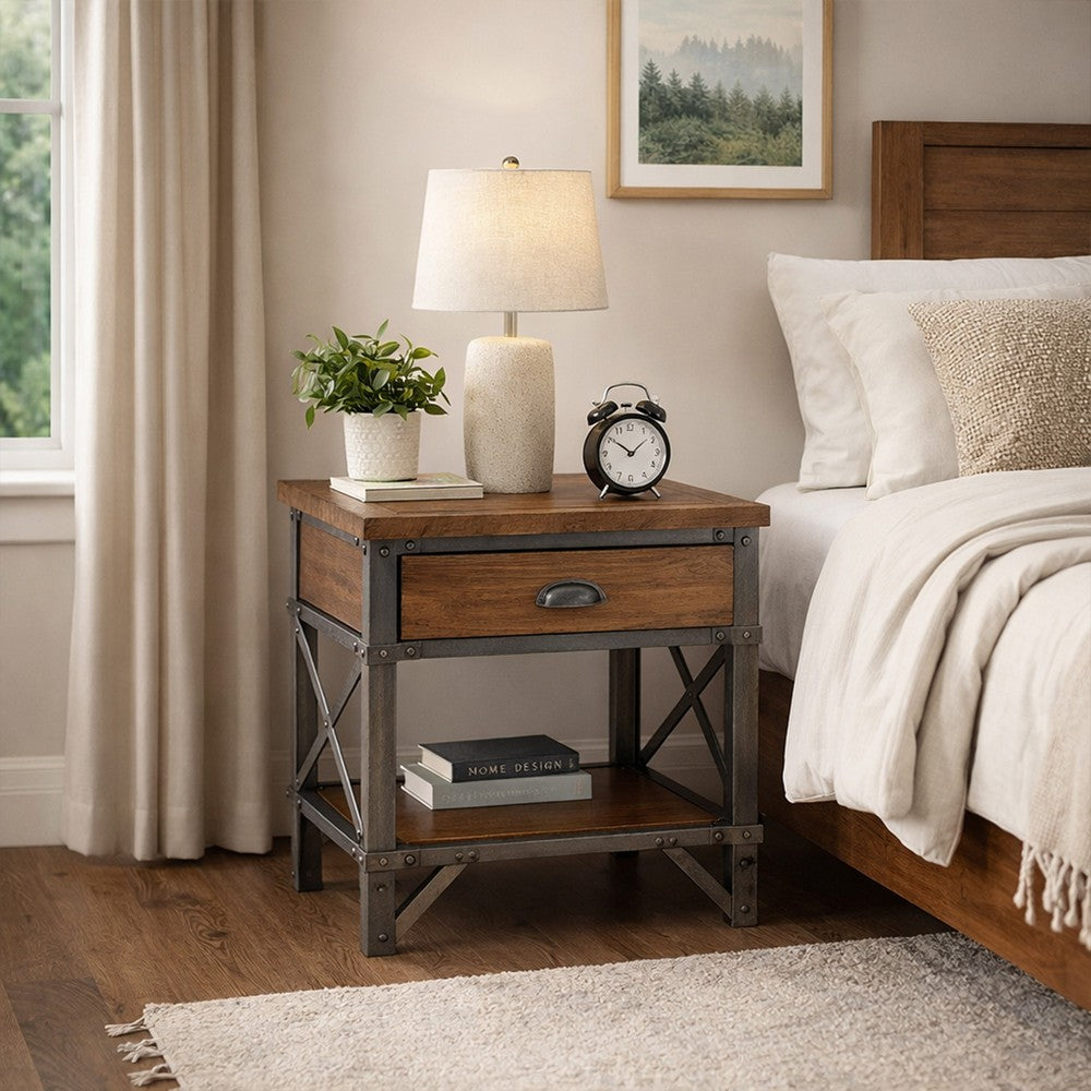 Wooden Nightstand with Metal Block Legs and Open Shelf, Brown - BM222710