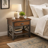 Wooden Nightstand with Metal Block Legs and Open Shelf, Brown - BM222710