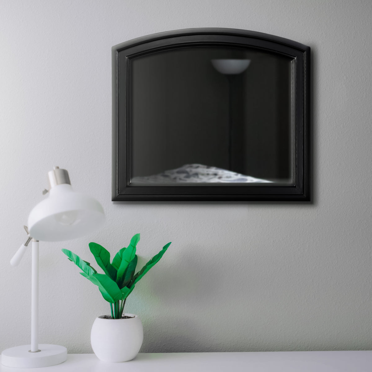 Wooden Mirror with Raised Edges and Curved Top, Black  - BM222732