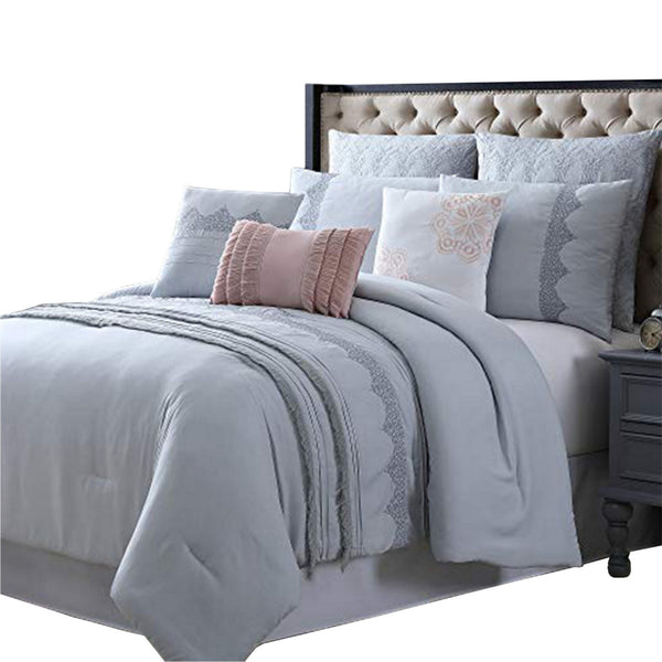 Assisi 8 Piece Queen Comforter Set with Reverse Pleats and Lace The Urban Port, Gray - BM222755