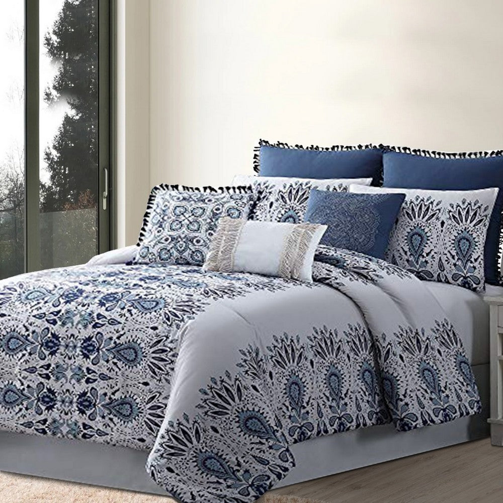 Constanta 8 Piece Queen Comforter Set with Floral Print The Urban Port,Blue and White - BM222761