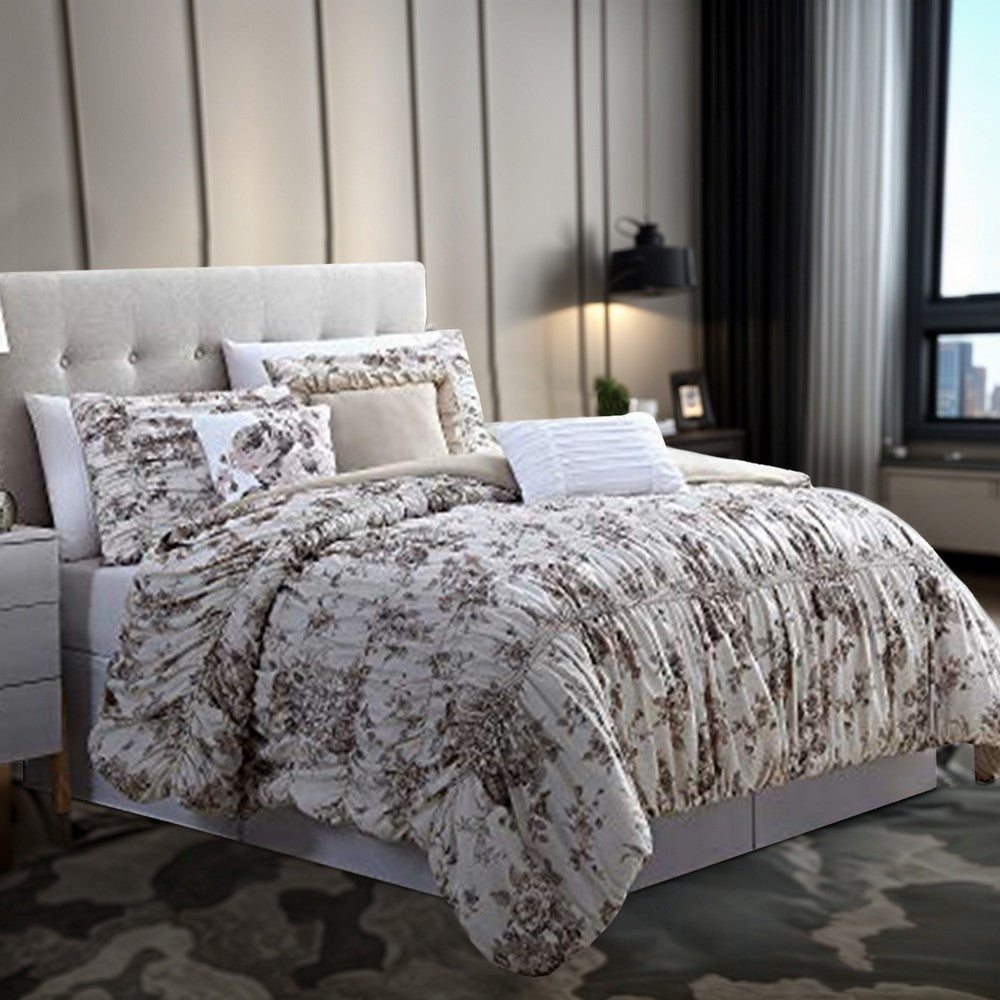 Lyon 6 Piece Floral Queen Comforter Set with Shirring The Urban Port, Beige and Brown - BM222810