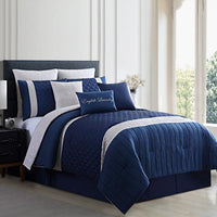 Basel Pleated Queen Comforter Set with Diamond Pattern The Urban Port, Blue and White - BM222818