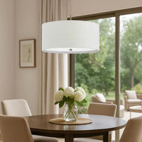 Drum Style Pendant Fixture with Fabric Shade and Brushed Details, White - BM223015