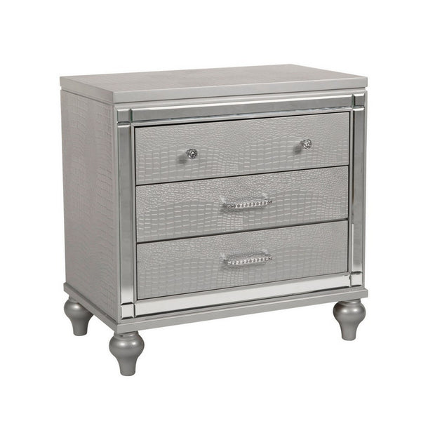 3 Drawer Wooden Nightstand with Mirror Accents and Faux Crystal Pulls, Gray - BM223289