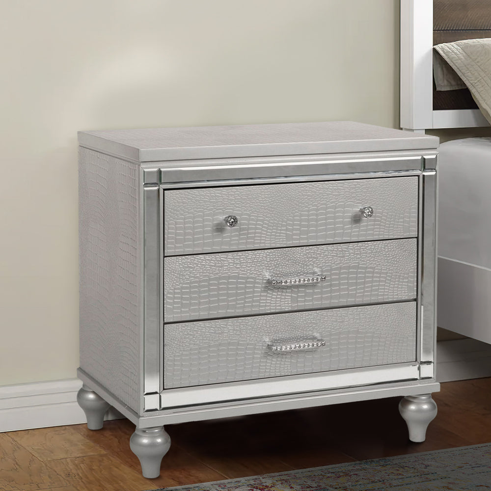 3 Drawer Wooden Nightstand with Mirror Accents and Faux Crystal Pulls, Gray - BM223289