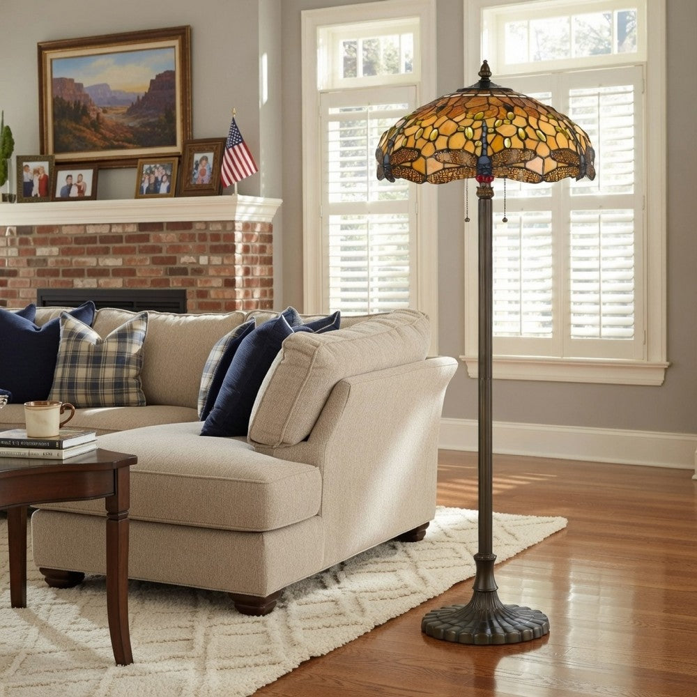 Benjara 2 Bulb Tiffany Floor Lamp with Dragonfly Design Shade
