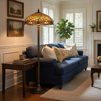 2 Bulb Tiffany Floor Lamp with Dragonfly Design Shade, Multicolor - BM223536