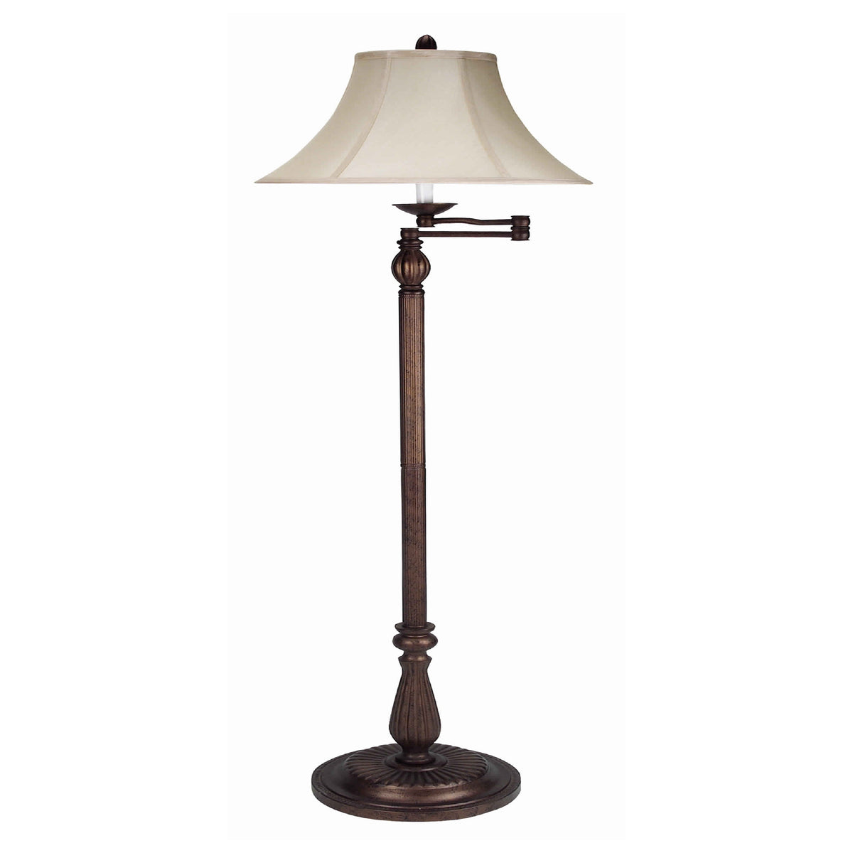 Swing Arm Metal Body Floor Lamp with Fabric Bell Shade, Bronze and Beige