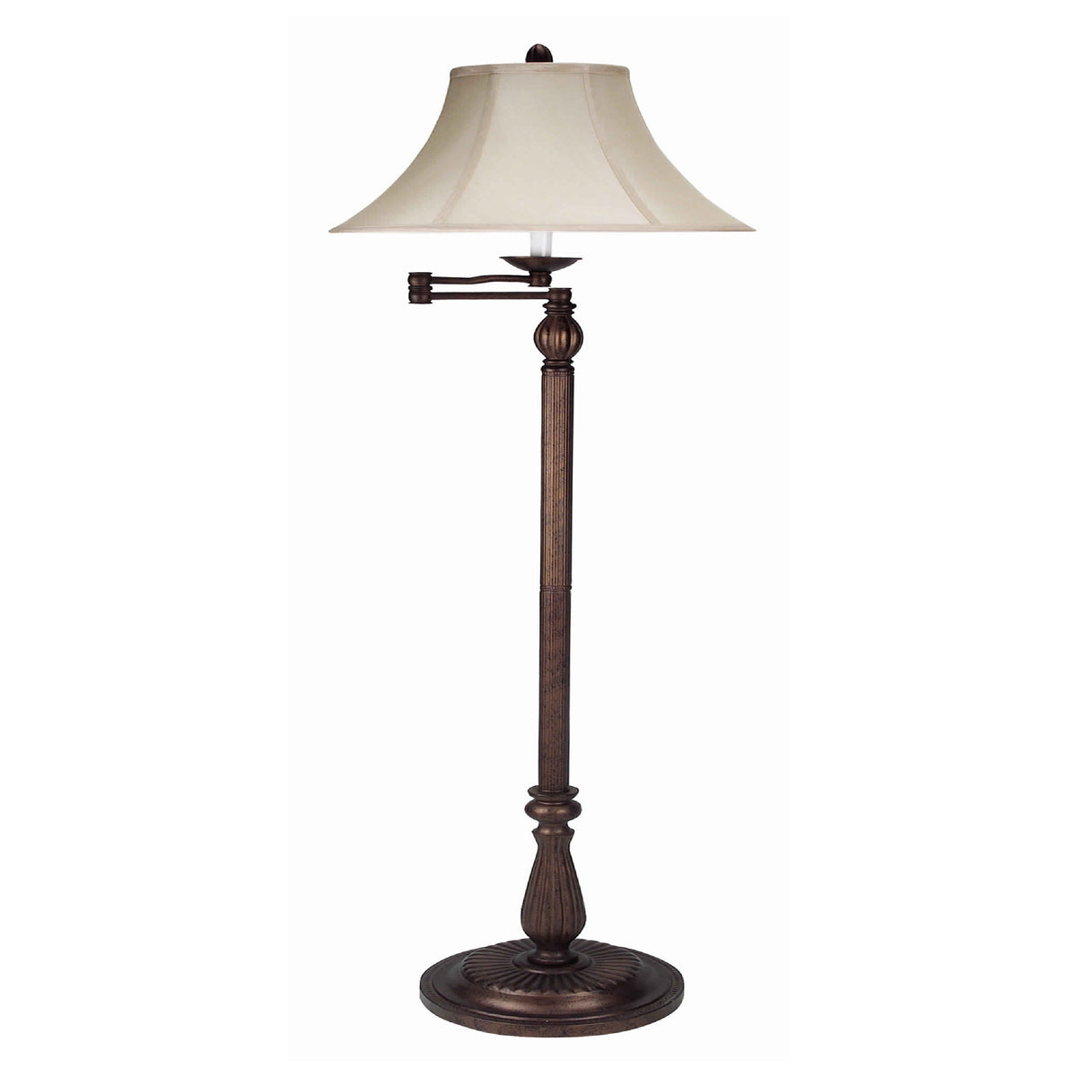 Swing Arm Metal Body Floor Lamp with Fabric Bell Shade, Bronze and Beige