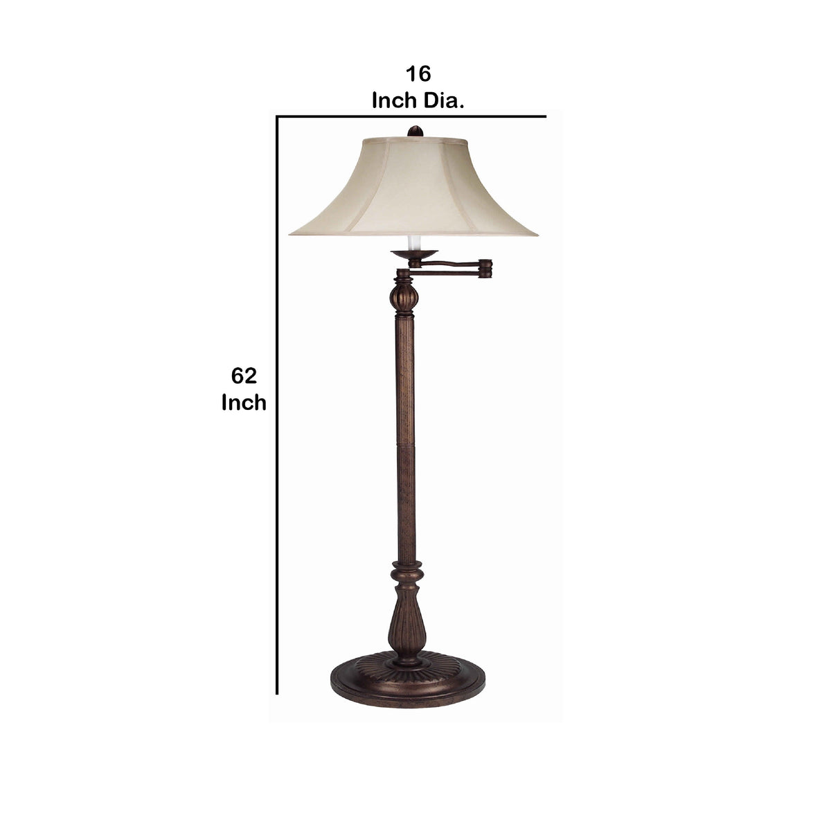 Swing Arm Metal Body Floor Lamp with Fabric Bell Shade, Bronze and Beige
