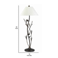 Pine Twig Accent Metal Body Floor Lamp with Conical Shade, Bronze and White