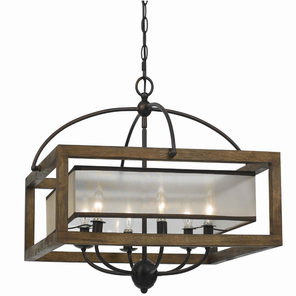 6 Bulb Square Chandelier with Wooden Frame and Organza Striped Shade, Brown - BM223594