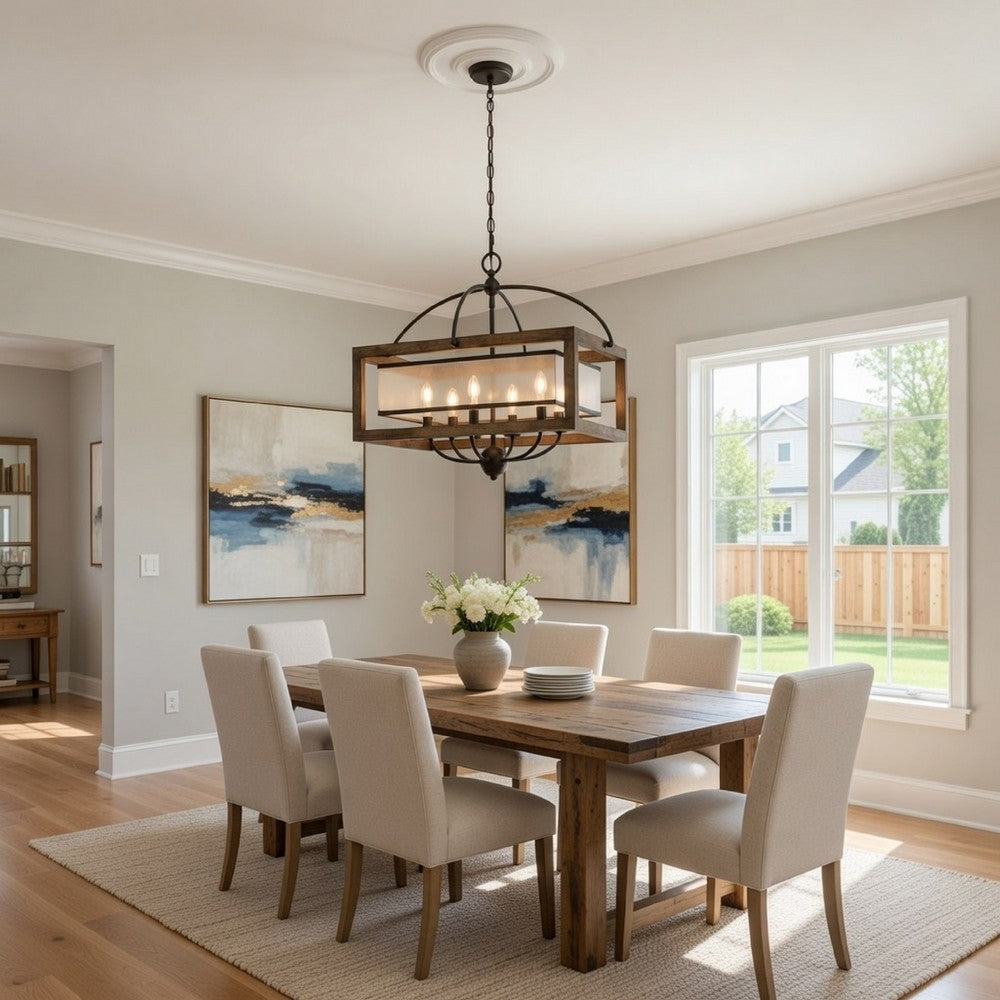 6 Bulb Square Chandelier with Wooden Frame and Organza Striped Shade, Brown - BM223594