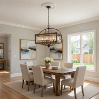 6 Bulb Square Chandelier with Wooden Frame and Organza Striped Shade, Brown - BM223594