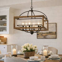 6 Bulb Square Chandelier with Wooden Frame and Organza Striped Shade, Brown - BM223594