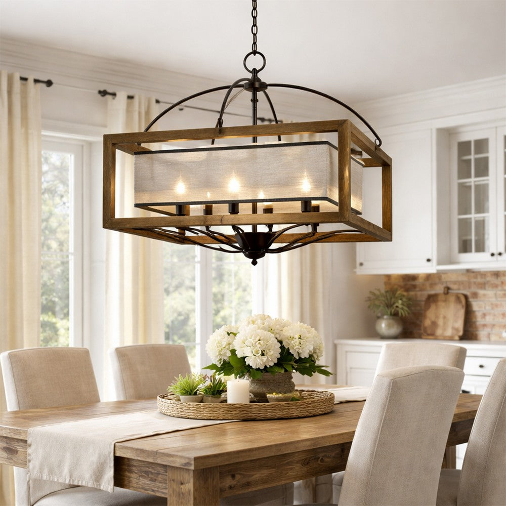 6 Bulb Square Chandelier with Wooden Frame and Organza Striped Shade, Brown - BM223594