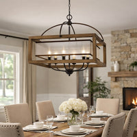 6 Bulb Square Chandelier with Wooden Frame and Organza Striped Shade, Brown - BM223594