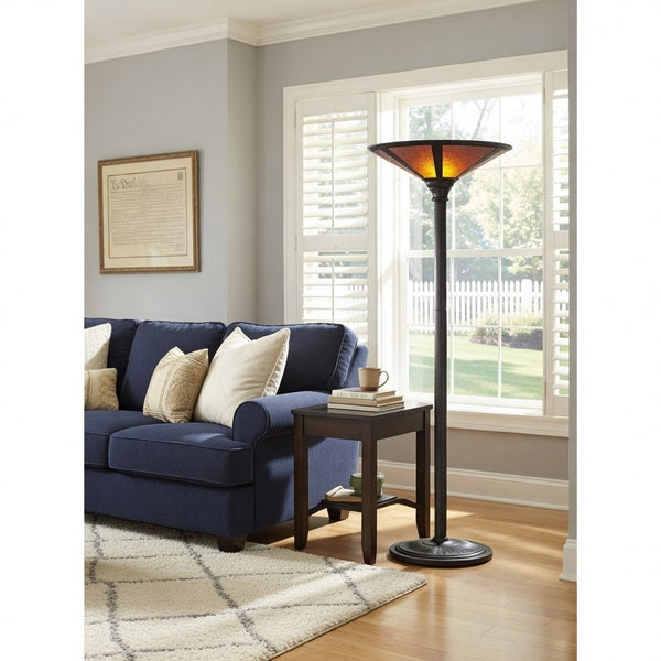 3 Way Metal Body Torchiere Lamp with Conical Mica Shade, Bronze - BM223595