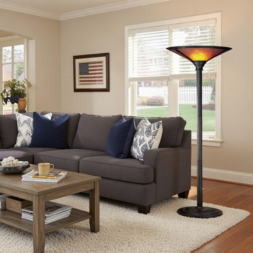 3 Way Metal Body Torchiere Lamp with Conical Mica Shade, Bronze - BM223595