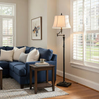 Metal Body Floor Lamp with Fabric Tapered Bell Shade, Beige and Black - BM223599