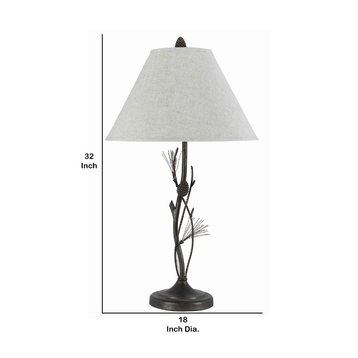 Pine Twig Accent Metal Body Table Lamp with Conical Shade, Bronze and White