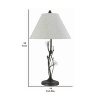 Pine Twig Accent Metal Body Table Lamp with Conical Shade, Bronze and White
