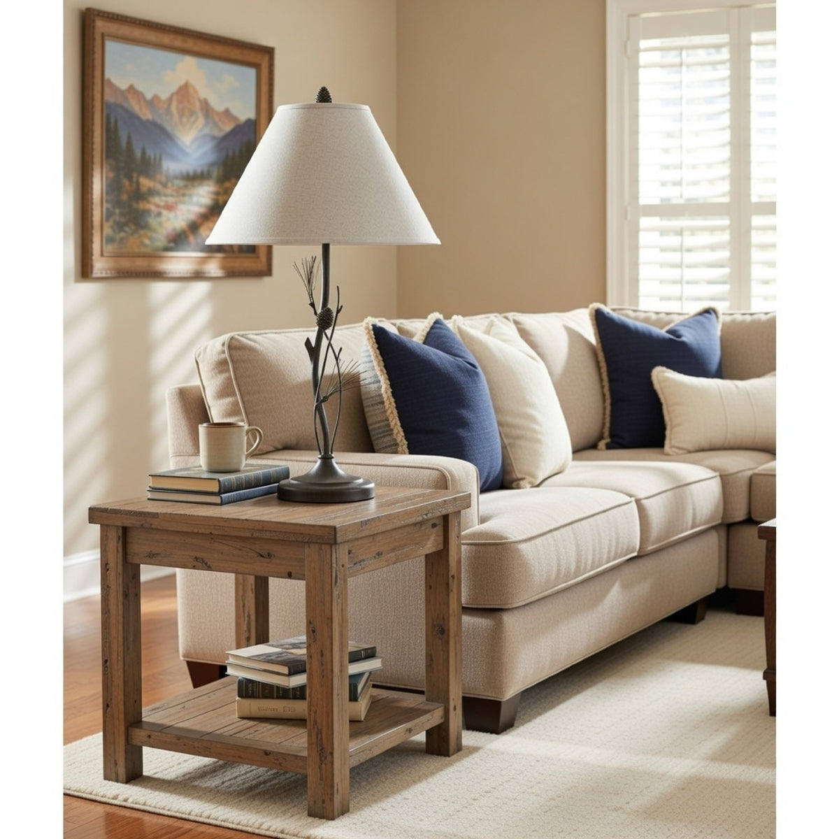 Pine Twig Accent Metal Body Table Lamp with Conical Shade, Bronze and White