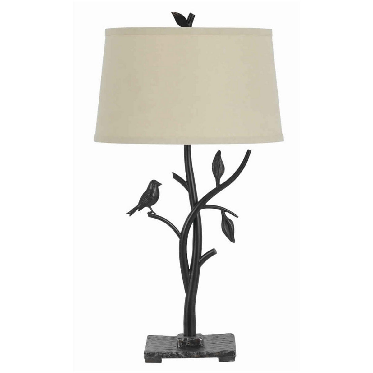 Metal Tree and Bird Body Table Lamp with Tapered Shade, Black and Beige