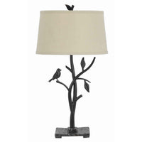 Metal Tree and Bird Body Table Lamp with Tapered Shade, Black and Beige