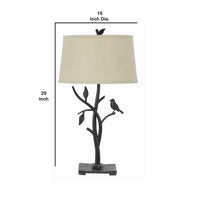 Metal Tree and Bird Body Table Lamp with Tapered Shade, Black and Beige
