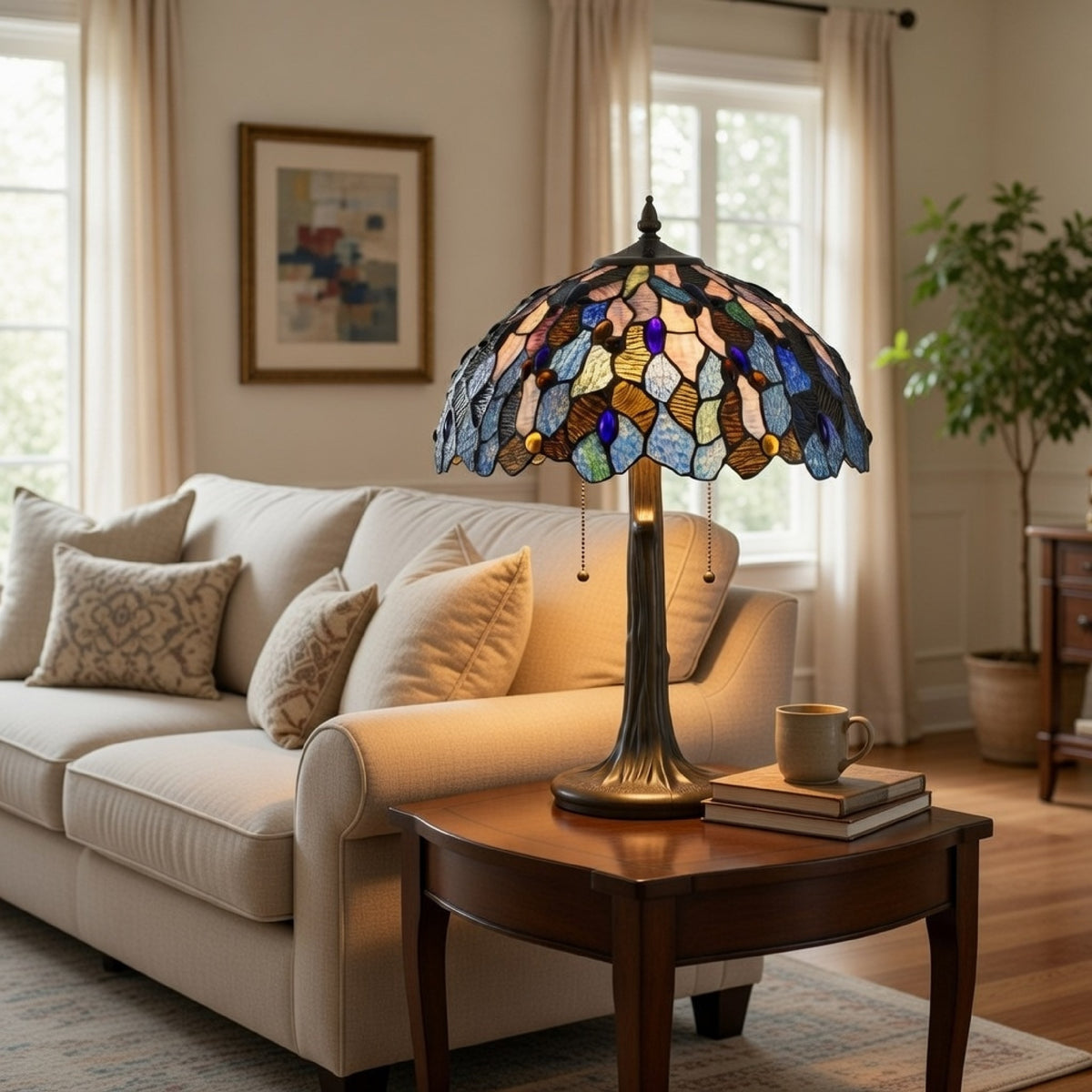 2 Bulb Tiffany Floor Lamp with Mosaic Design Shade, Multicolor