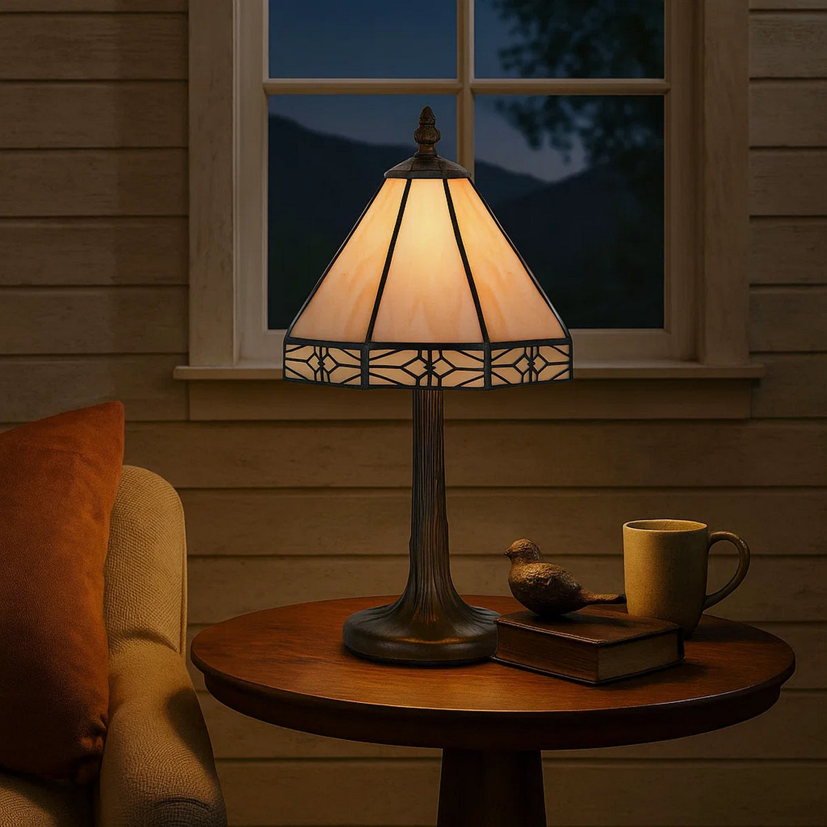 Tree Like Metal Body Tiffany Table lamp with Conical Shade,Beige and Bronze - BM223640