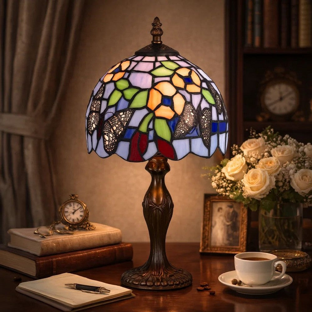 Metal Body Tiffany Table Lamp with Butterfly Design Shade, Multicolor - BM223641