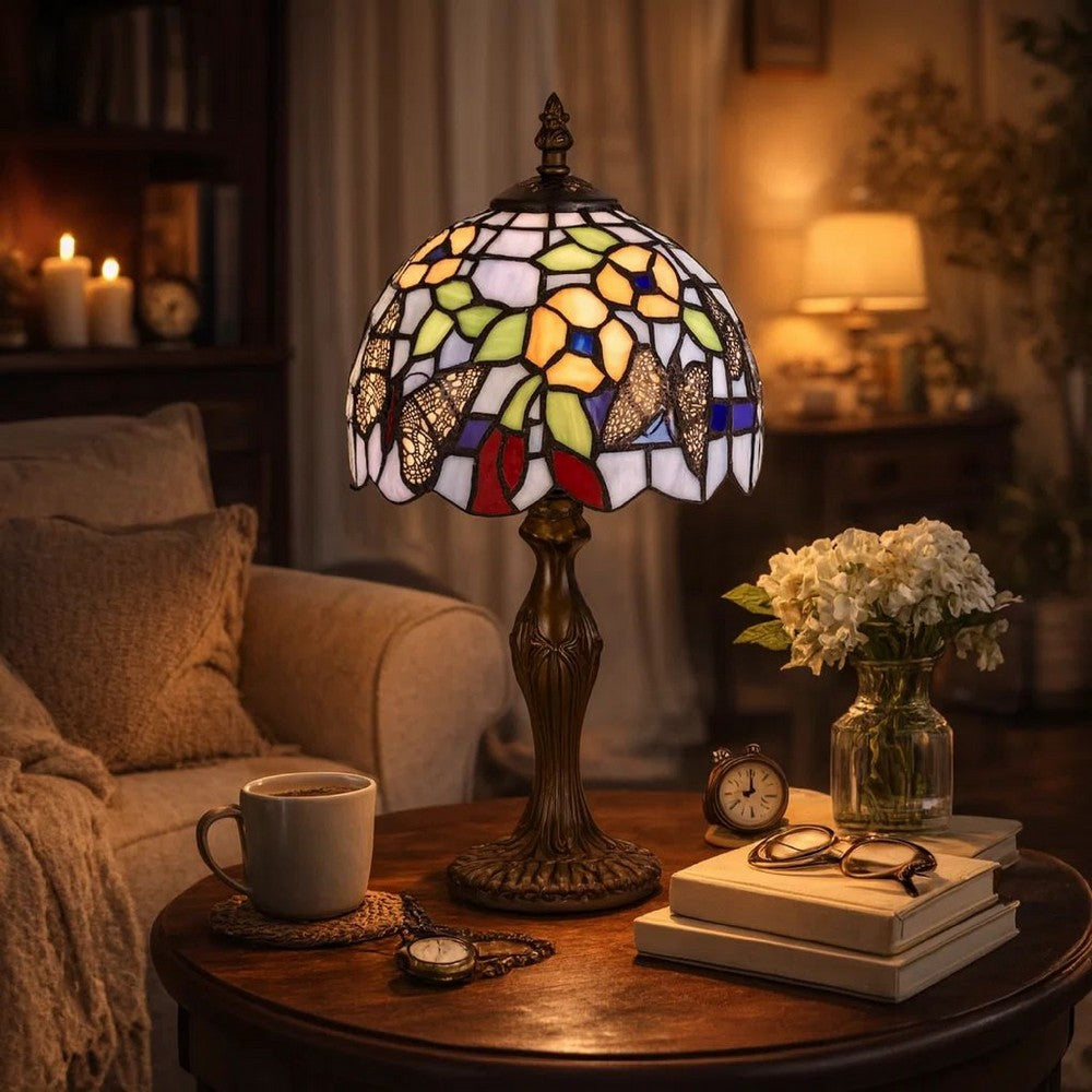 Metal Body Tiffany Table Lamp with Butterfly Design Shade, Multicolor - BM223641