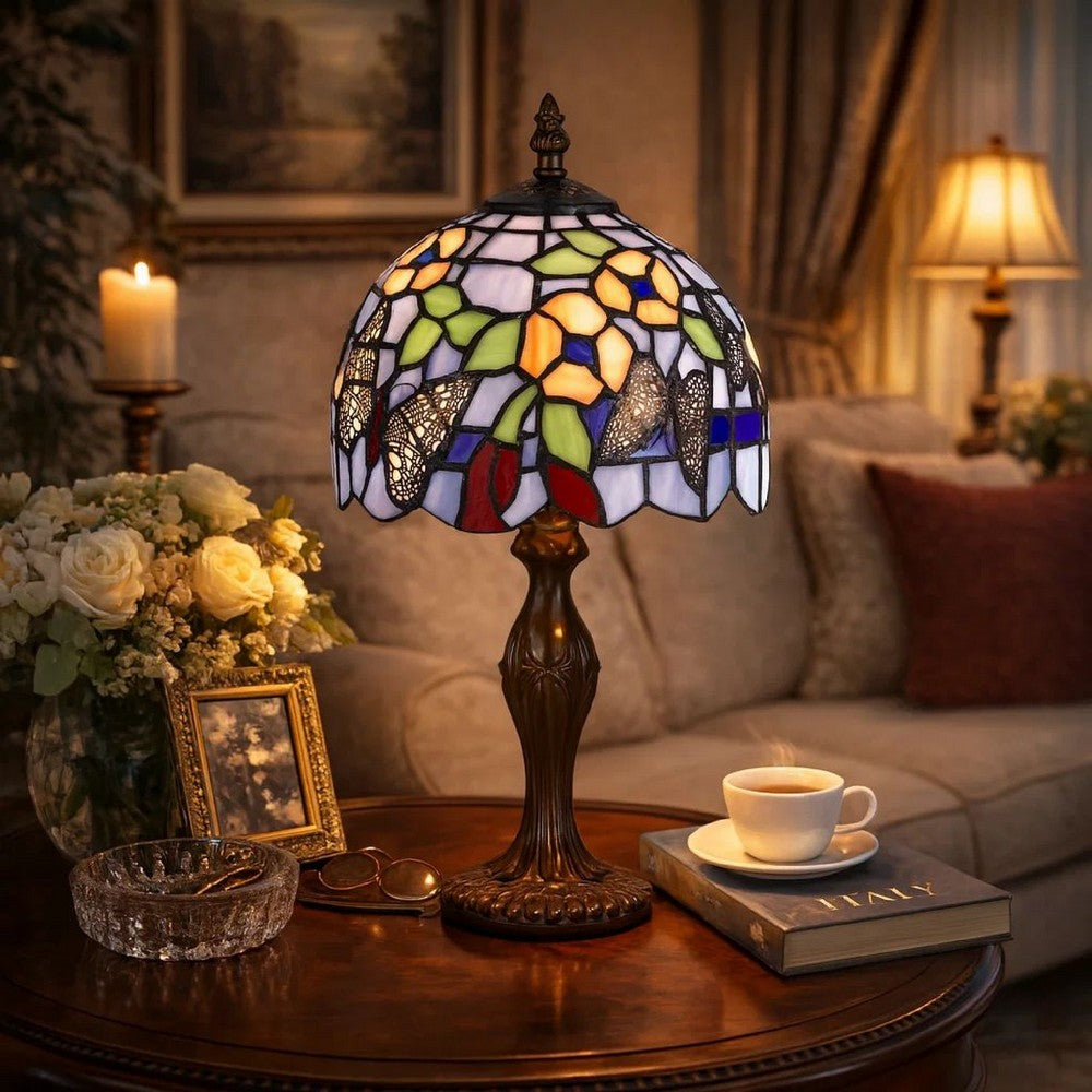 Metal Body Tiffany Table Lamp with Butterfly Design Shade, Multicolor - BM223641
