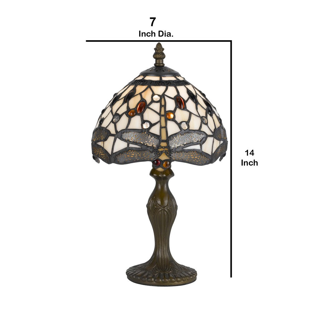 Metal Body Tiffany Table Lamp with Dragonfly Design Shade, Multicolor - BM223642
