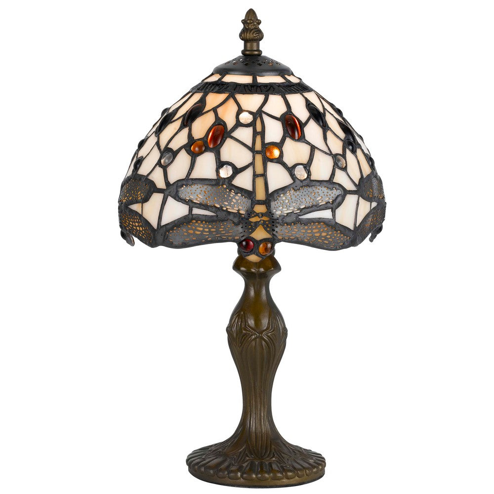 Metal Body Tiffany Table Lamp with Dragonfly Design Shade, Multicolor - BM223642