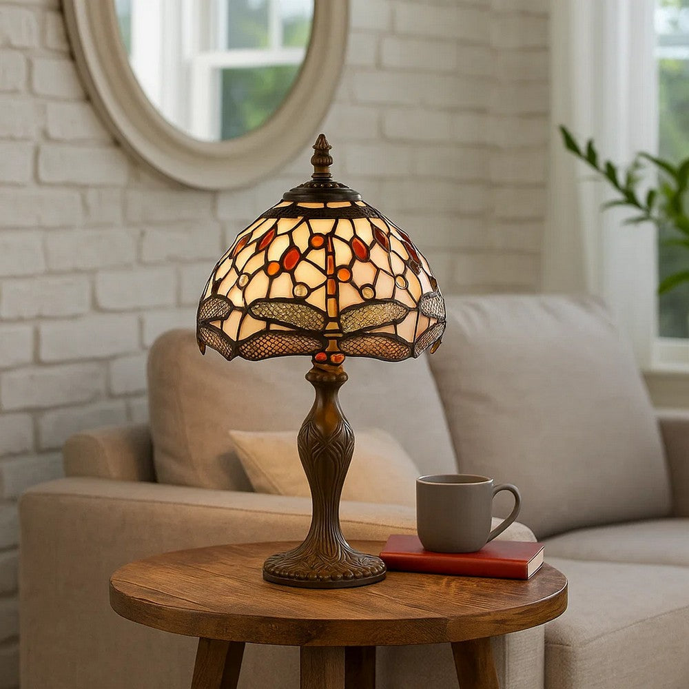 Metal Body Tiffany Table Lamp with Dragonfly Design Shade, Multicolor - BM223642
