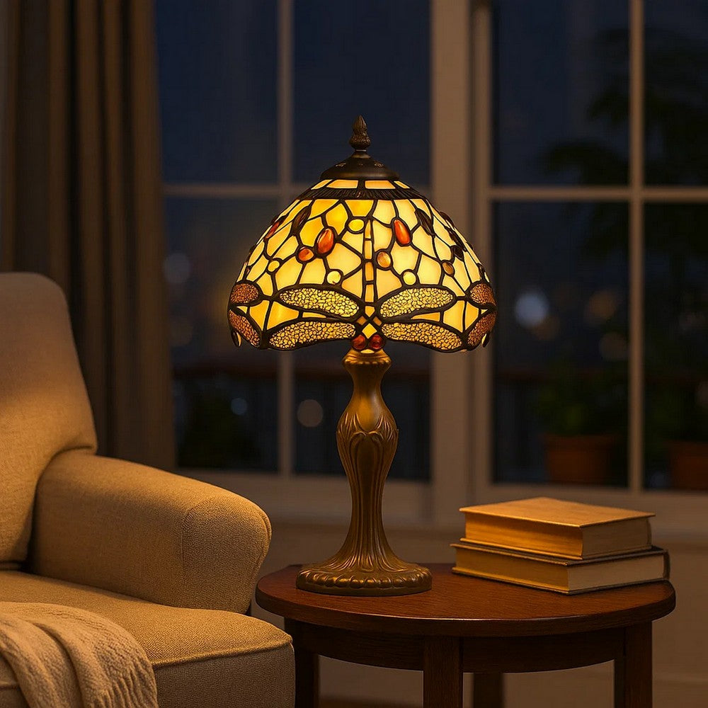 Metal Body Tiffany Table Lamp with Dragonfly Design Shade, Multicolor - BM223642