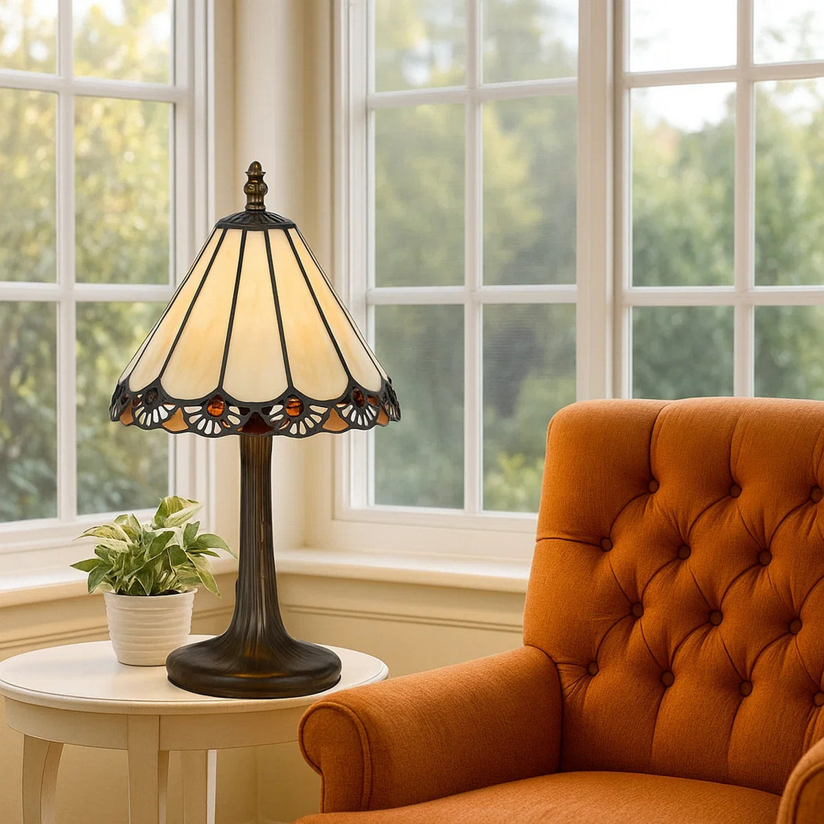 Tree Like Metal Body Tiffany Table lamp with Conical Shade,Bronze and Beige - BM223643