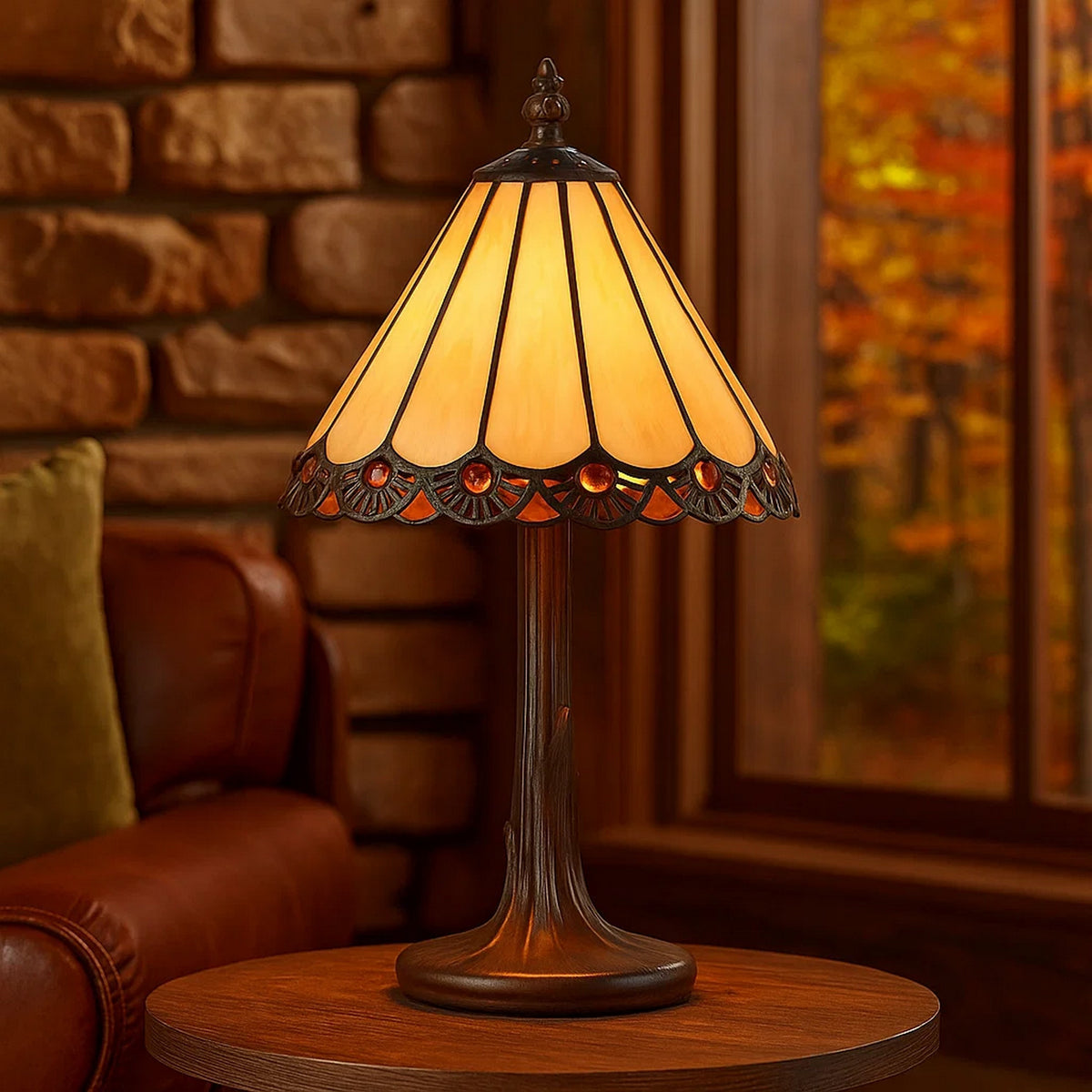 Tree Like Metal Body Tiffany Table lamp with Conical Shade,Bronze and Beige - BM223643